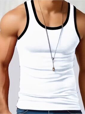 White Ribbed Tank Top with Black Star Accent - Medium